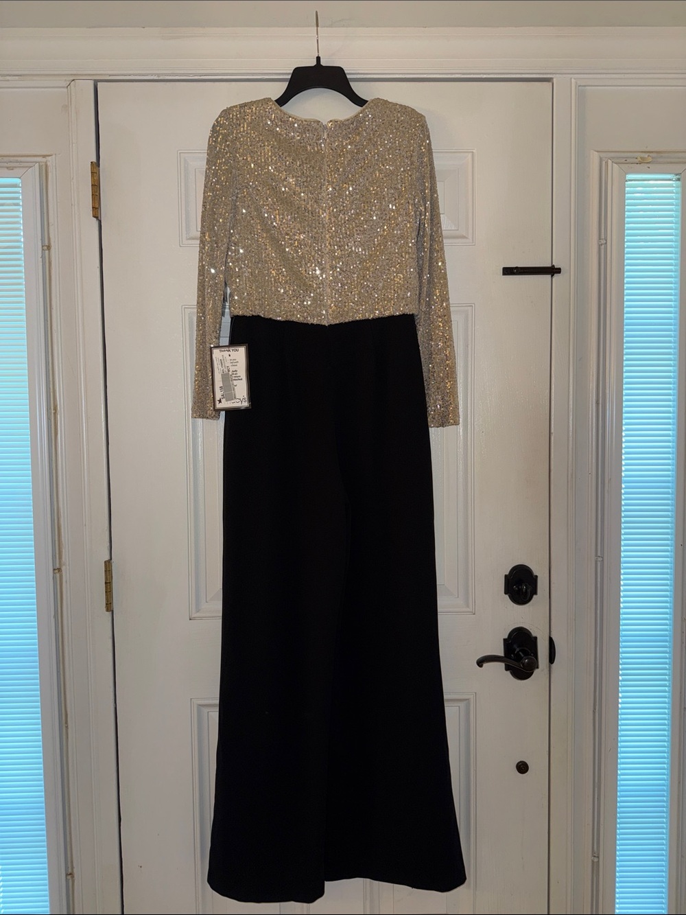 Xscape Gold Sequin Bodice Black Jumpsuit with Long Sleeves - Picture 5 of 6